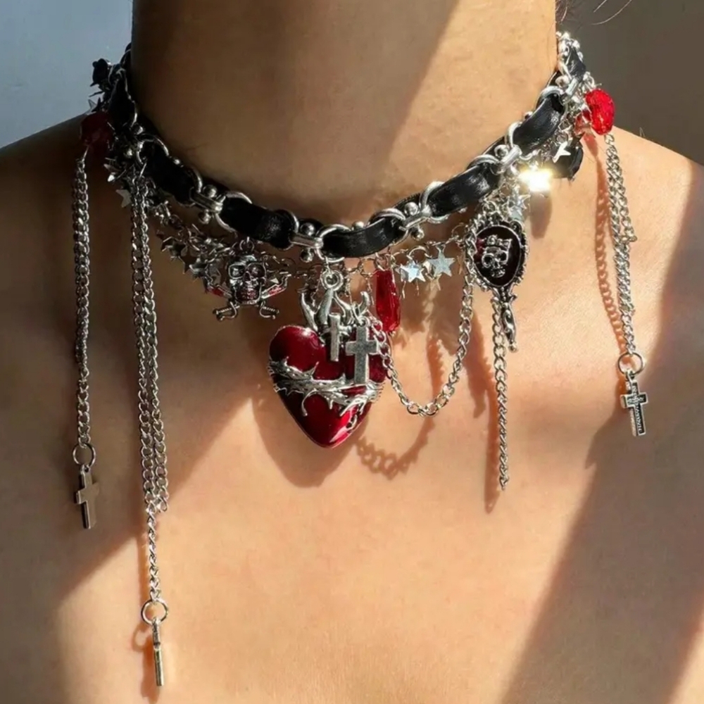 Gothic Silver and Red Heart Charm Choker